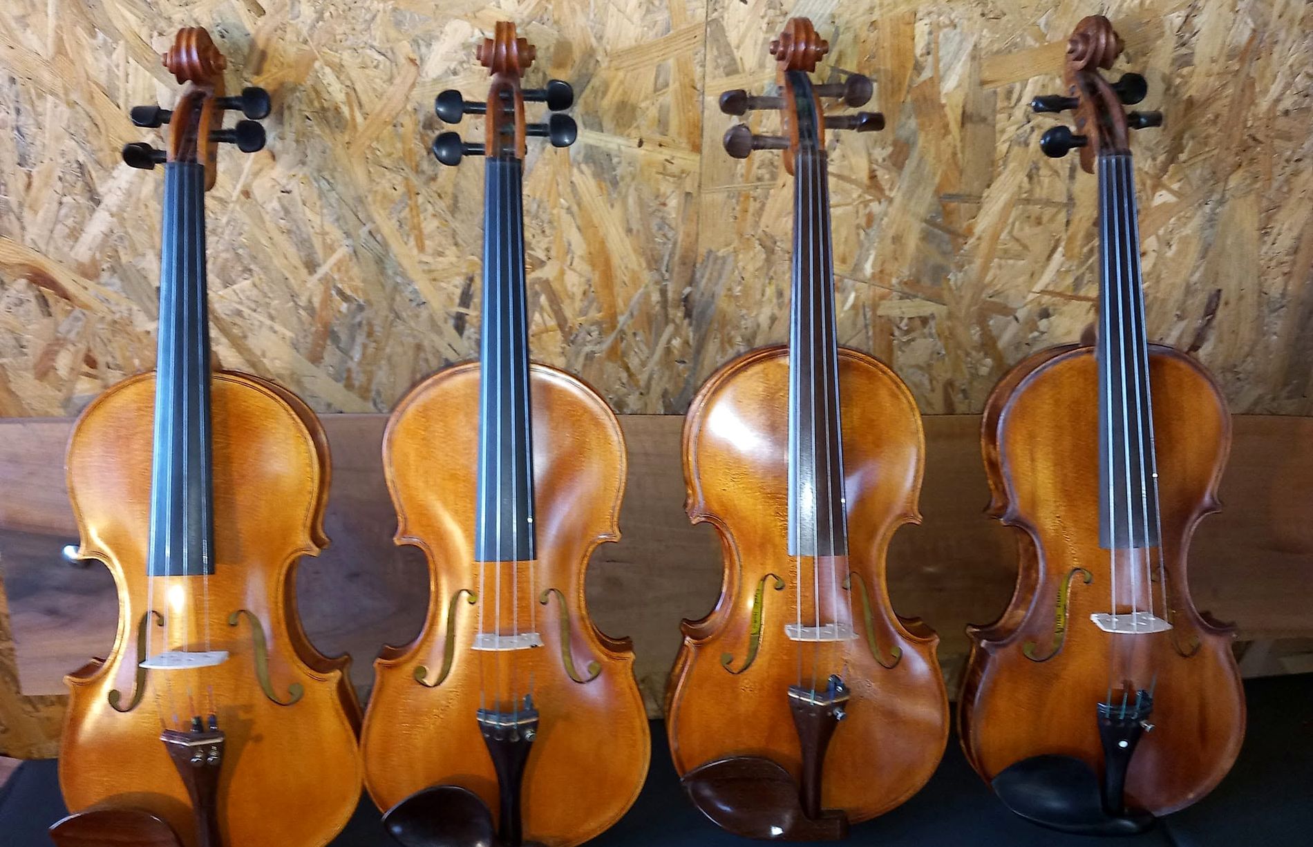 Četiri ručno izrađene violine poredane u radionici Elvedina Hodžića