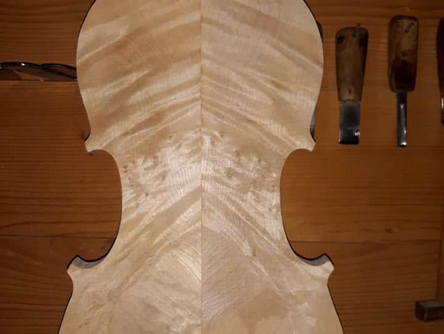 Rascijepljena javorova ploča za dno violine, uz dlijeta na zidu radionice